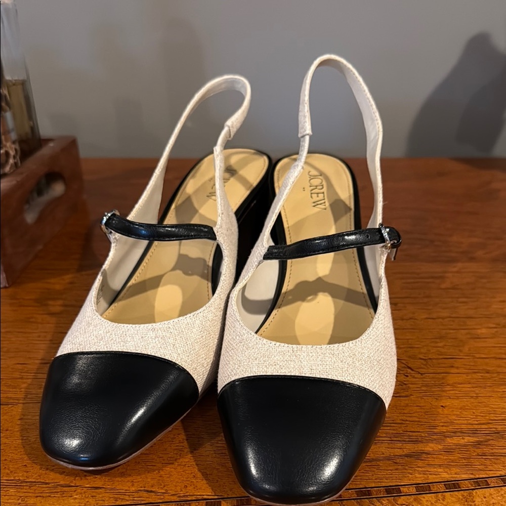 J. Crew Black and Cream Heels with Slingback Design